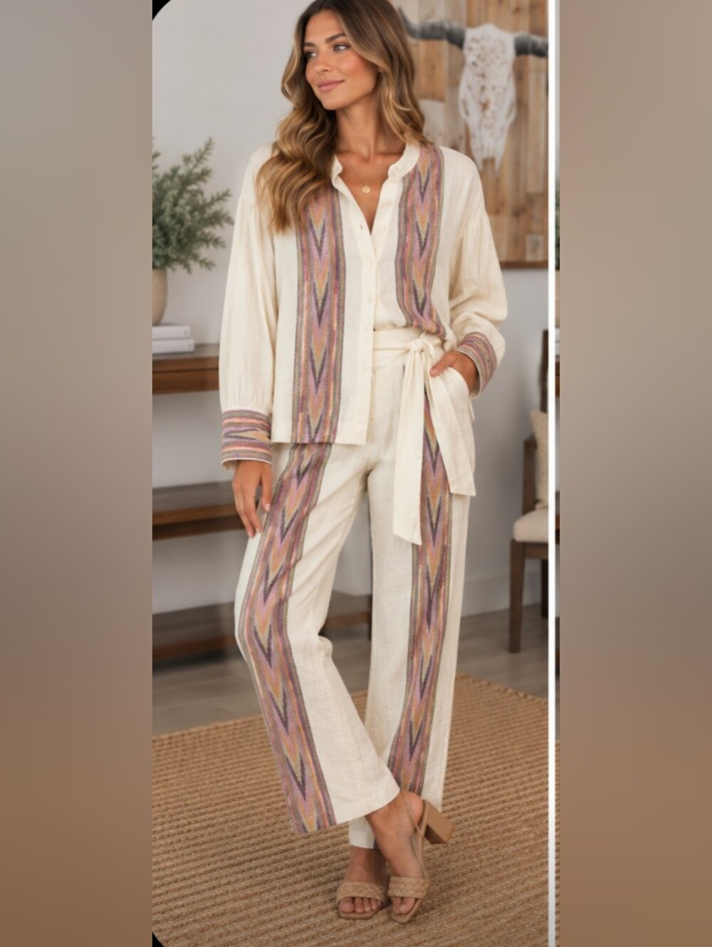 Devotion TWINS Cream Wide-Leg Pants with Multicolor Chevron Trim